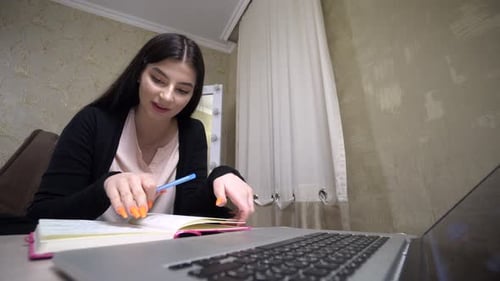Young Woman Talking at Desk with Laptop