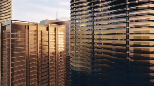 Render 3D de una ciudad brillante abstracta con rascacielos. Formas simples de edificios