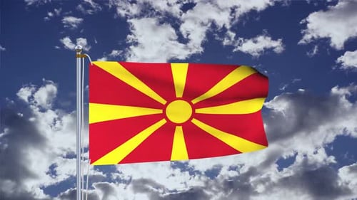 Flag of North Macedonia Waving in a Realistic Cloudy Sky
