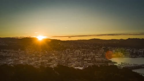 Aerial View of City Skyline at Sunset