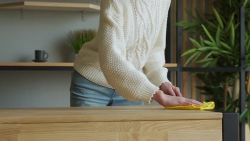 Senior Woman Cleaning Counter with Cloth at Home
