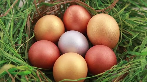 Metallic Easter Eggs in Spring Nest Close-Up