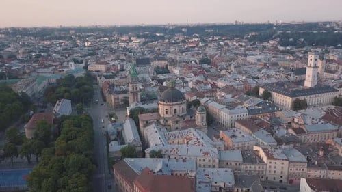 Aerial City Lviv, Ukraine. European City. Popular Areas of the City. Town Hall