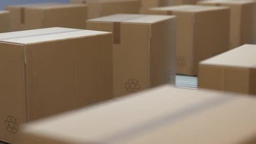 Animated Cardboard Boxes Moving on an Automated Conveyor Belt