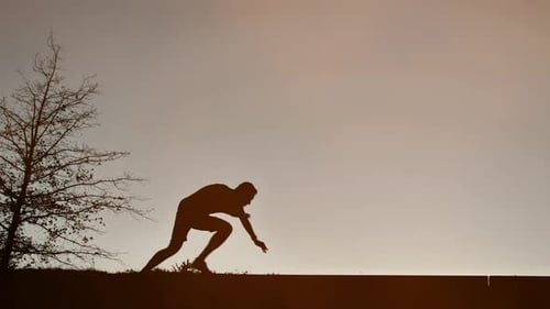 Silhouette Running Outdoors Near Tree at Sunrise