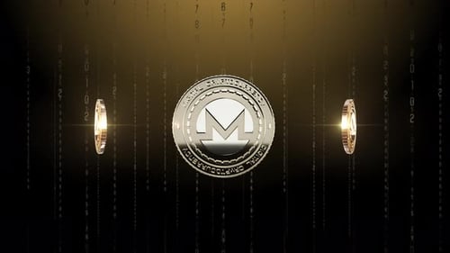 Shiny 3D Cryptocurrency Coins with Digital Matrix Background