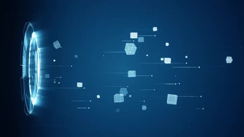 Futuristic Digital Data Stream with Glowing Cubes and HUD Element