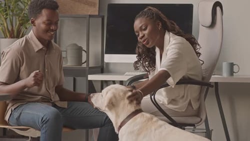 Relaxing Couple with a Labrador Retriever Indoors