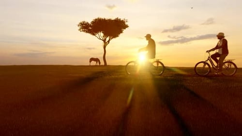 People Cycling on Bicycles in a Grassy Field at Golden Sunrise