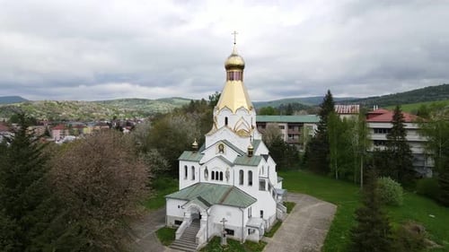 Aerial views of the Orthodox Church in Medzilaborce, Slovakia