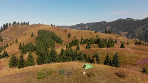 Green Camping Tent in the Mountain Forest