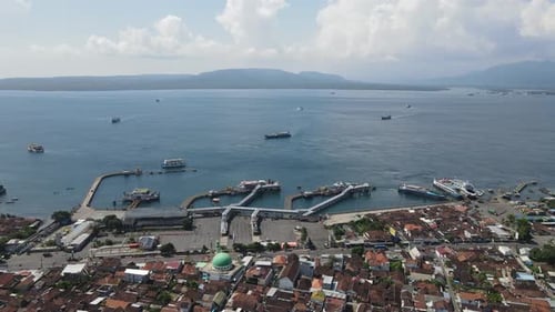 Aerial view of Port in Banyuwangi Indonesia with ferry in Bali Ocean