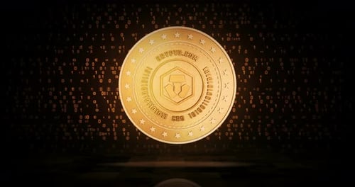Crypto.com CRO Kryptowährung goldene Münzschleife auf digitalem Hintergrund