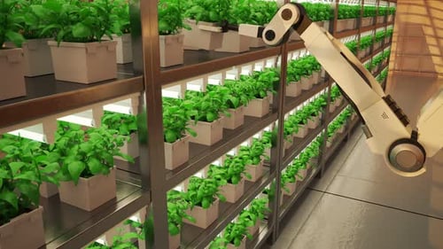 Futuristic Martian Vertical Farm with Robotic Arm