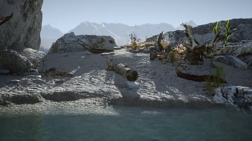White Sand Beach Near Rocky Cliffs at Ocean