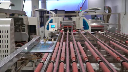 Glass Moving on Industrial Conveyor Belt in Factory