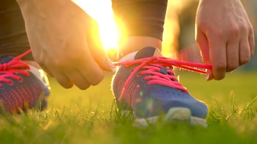 Running Shoes Woman Tying Shoe Laces