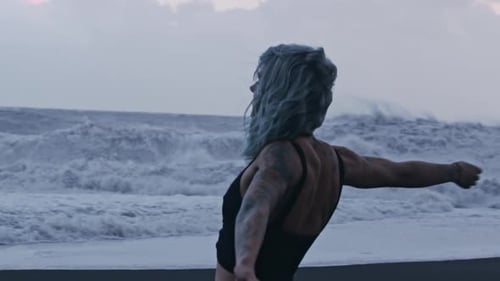 Beautiful Cool Girl With Blue Hair On Beach