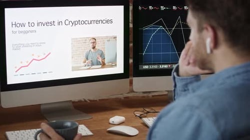 Adult man educating how to invest in cryptocurrency. Shot with RED helium camera in 8K