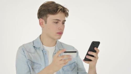 Online Shopping Failure on Smartphone By Man on White Background