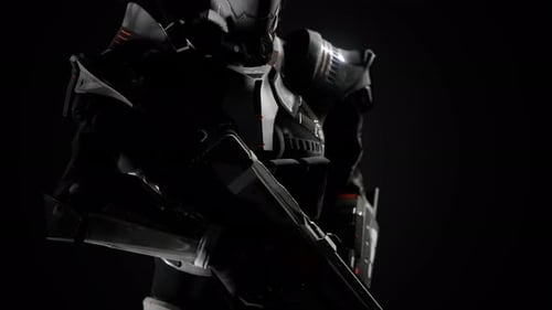 Futuristischer Soldat in Stahlrüstung mit der Cyber Punk Gun