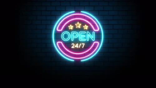 Animated Glowing Neon Open 24/7 Sign on Dark Brick Wall