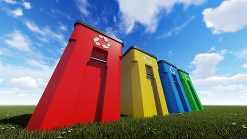 Colorful Recycling Bins in Green Field Environmental 3D Animation