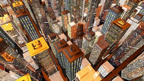 Virtueller Flug über eine 3D-animierte Großstadt