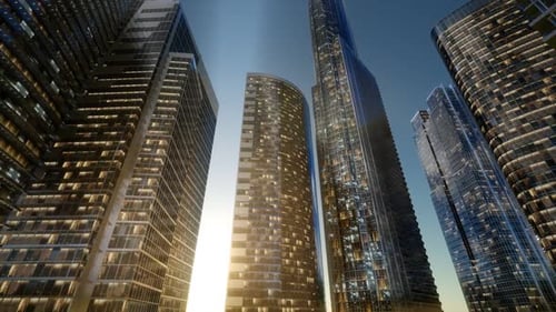 Rascacielos de la ciudad al atardecer