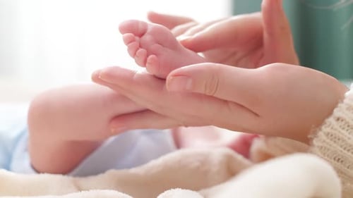 Tiny Baby Foot Gently Held in Adult Hand