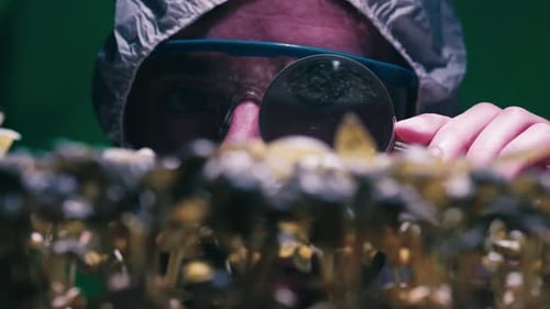 Scientist Inspecting Seedlings with Magnifying Glass in Lab