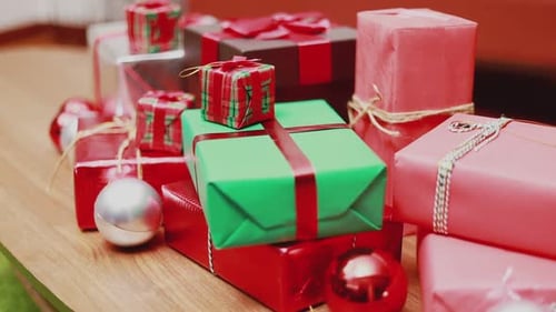 Christmas Gifts Arranged on a Wooden Table