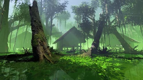 Mystical Misty Swamp with Abandoned Hut and Glowing Particles
