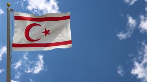 Northern Cyprus Flag Waving in Blue Sky With Clouds