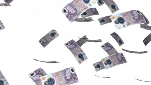20 Pounds bills falling down. Banknotes isolated on white background.