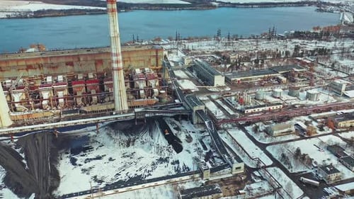 Aerial view of the vast territory of the thermal power station with administrative buildings