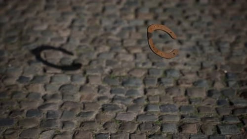 3D Animated Rusty Horseshoe Rotating on Cobblestone Ground