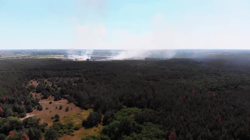 Aerial View of Fire in Wheat Field. Flying Over Smoke Above Agricultural Fields
