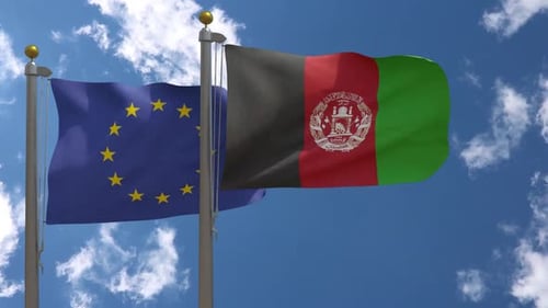 European Union Flag Vs Afghanistan Flag On Flagpole