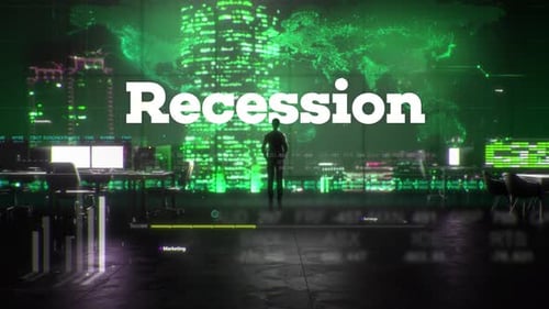 Finance Businessman in Office With Recession Text