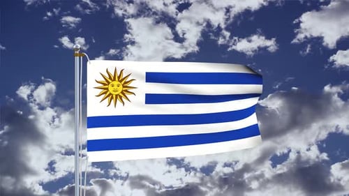Waving Uruguay Flag Against Blue Sky With Clouds