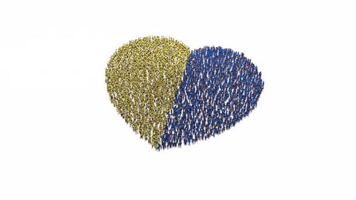 Animated Crowd Forms Yellow and Blue Heart Shape