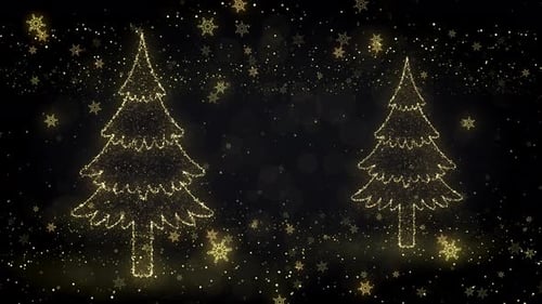 Sparkling Golden Christmas Trees with Falling Snowflakes Background Loop