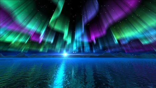 Shimmering Aurora Borealis Northern Lights Over Reflective Water Background