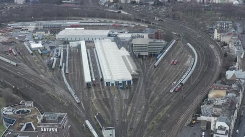 Aerial View of Industrial Train Yard and Tracks