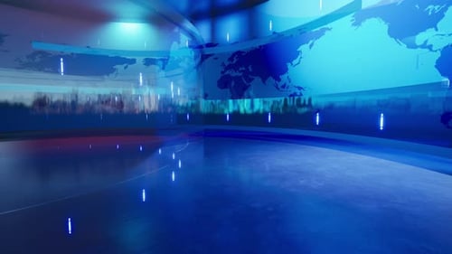 Modern Virtual Studio Background with Global Map and City Skyline