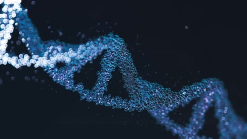 DNA double helix rotating against a blue background. Floating particles, DOF