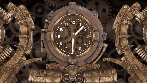 Animated Steampunk Clock and Rotating Gears Background