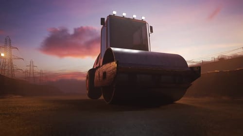 Sunset with yellow road roller paving the asphalt road in the construction site