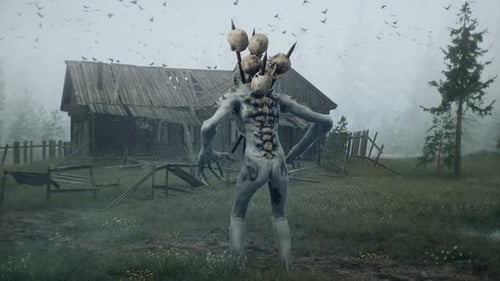 Animated Skeletal Monster in Desolate Woodland with Flying Birds